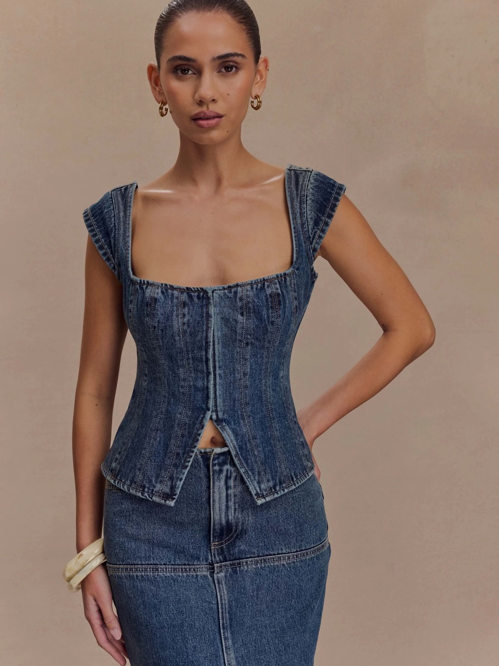 Meshki Loretta Cap Sleeve Denim Top